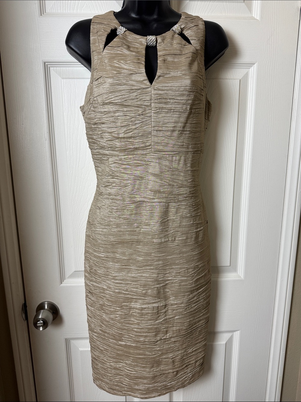 ELIZA J Neutral Taupe Textured Sheath Dress with an Embellished Neckline - Sz 8